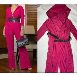 CAPSULLE Hot Pink Hooded Belted jumpsuit Wide Leg Y2K Festival Wear Romper Sz S